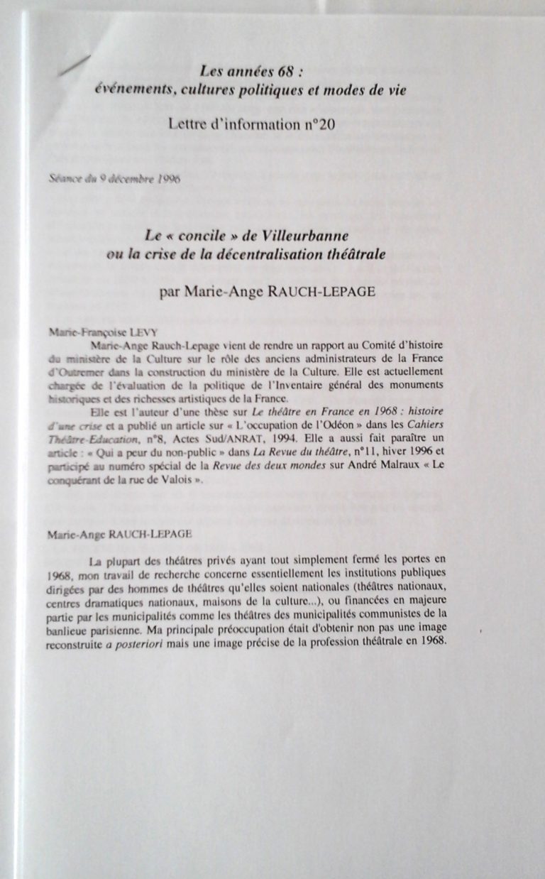 Rauch (Marie-Ange).- « Le ‘concile’ de Villeurbanne ou la crise de la décentralisation théâtrale »