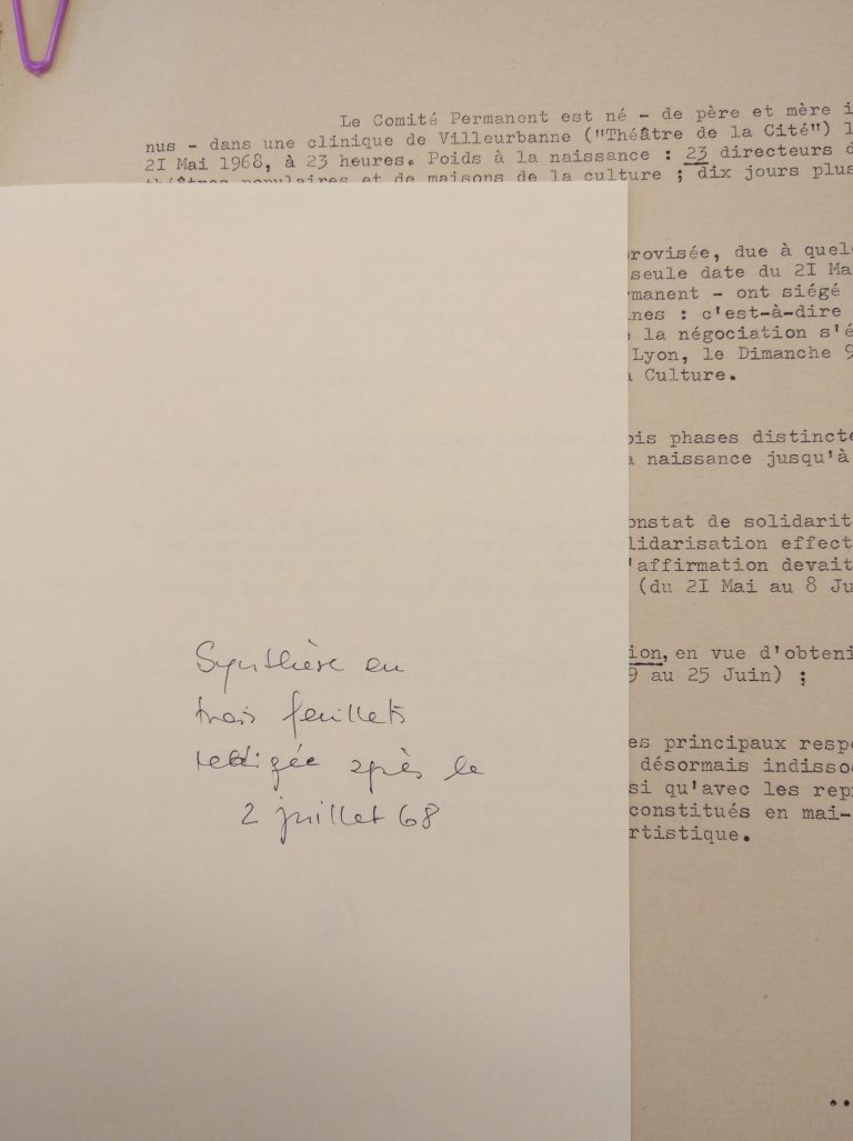 Synthèse en trois feuillets rédigée après le 2 juillet 1968 (1/4)