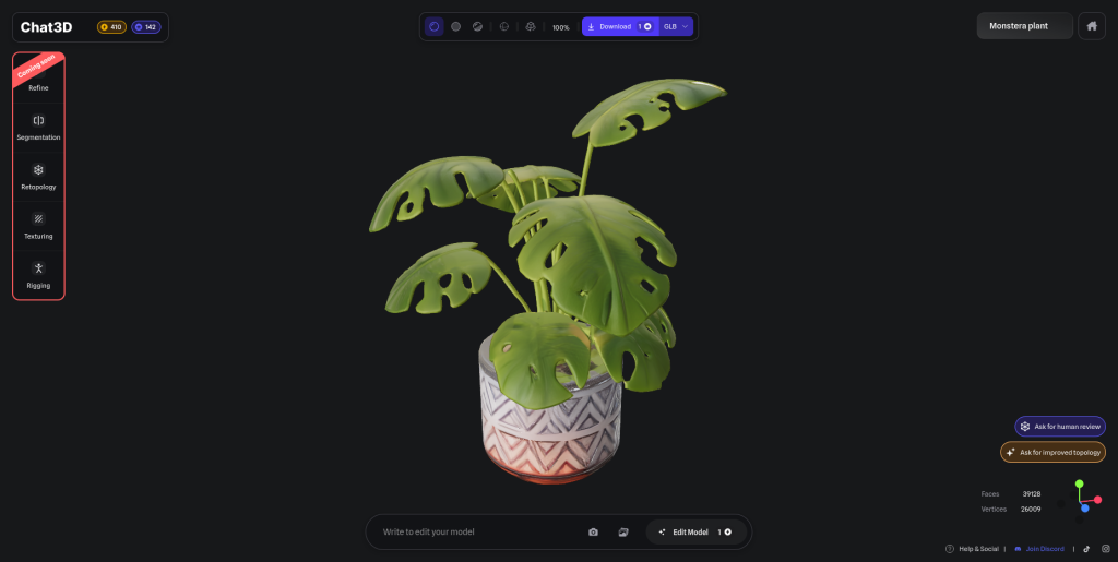 Dans le logiciel de génération 3D par IA, représentation d'une Monstera dans un pot