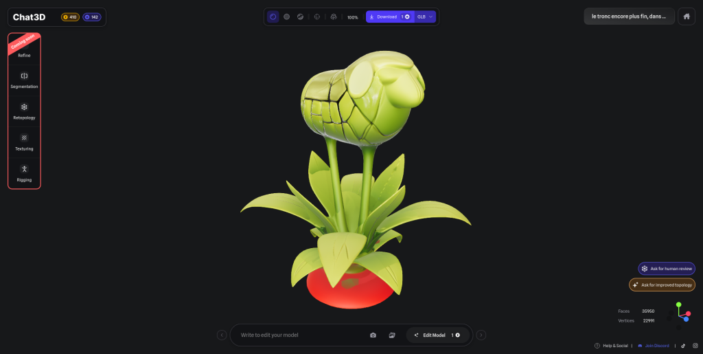 Dans le même logiciel de modélisation 3D par IA, cette fois c'est un agneau qui apparaît juché au sommet d'une plante verte
