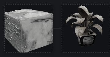 A gauche, un cube monochrome. A droite, une plante d'appartement