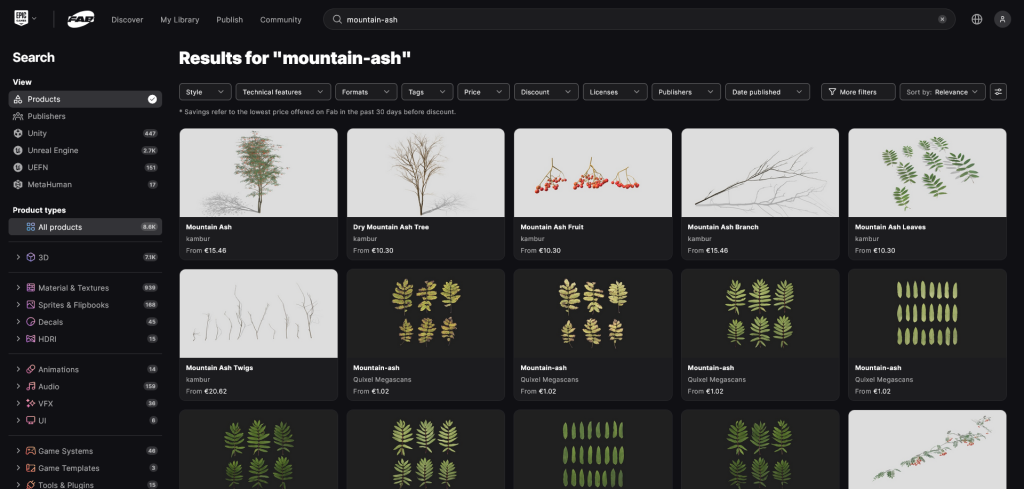Page de résultats suite à la requête "mountain-ash" sur la plateforme Fab (Epic Games) : les premiers résultats sont les modèles 3D de kambur, puis on trouve des fichiers fournis par Quixel Megascans