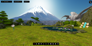 Dans un espace virtuel 3D, le mont Fuji surplombe un jardin verdoyant entouré d'un mur