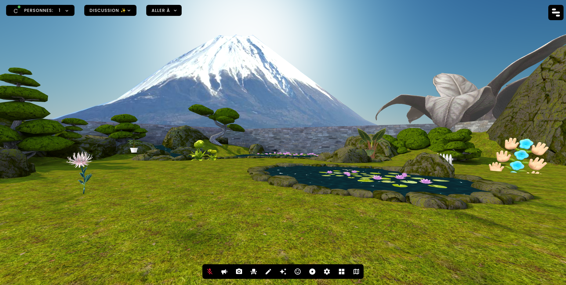 Dans un espace virtuel 3D, le mont Fuji surplombe un jardin verdoyant entouré d'un mur