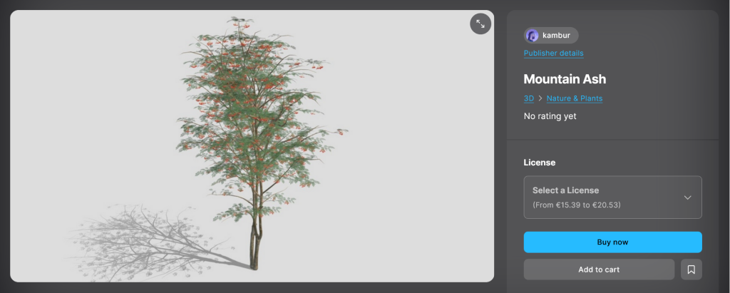 Interface de visualisation du modèle 3D Mountain Ash publié par kambur. La licence coûte de 15,39€ à 20,53€ : je peux l'acheter tout de suite, l'ajouter au panier ou l'enregistrer pour plus tard.