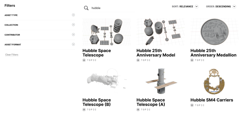 Fichiers 3D proposés par la NASA suite à la recherche "Hubble"