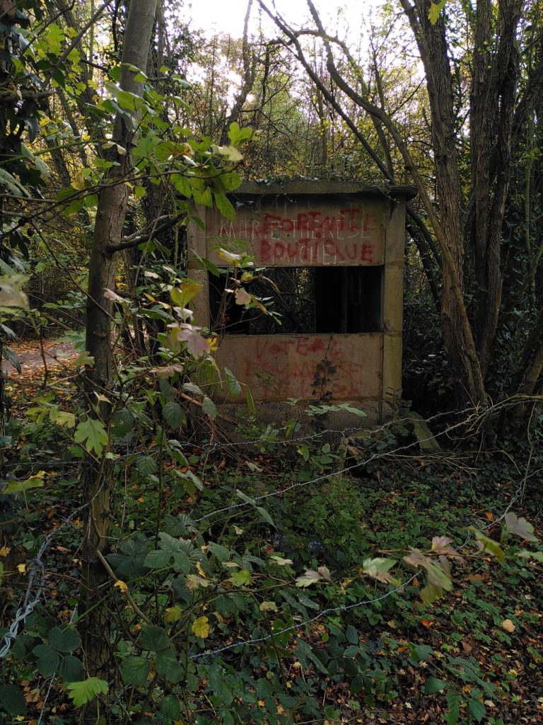 Photographie d'un cabanon abandonné au bord d'une voie verte. Quelqu'un a tagué : "Fortnite boutique"