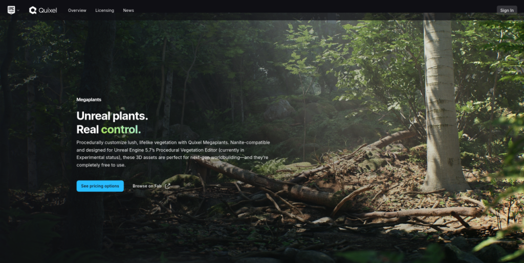 Interface de la plateforme de modèles 3D Quixel qui propose des "Megaplants : Unreal plants. Real control." On peut parcourir les modèles sur la plateforme Fab (Epic Games)