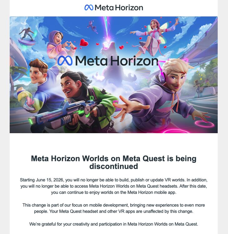 Annonce : Meta Horizon Worlds on Meta Quest is being discontinued