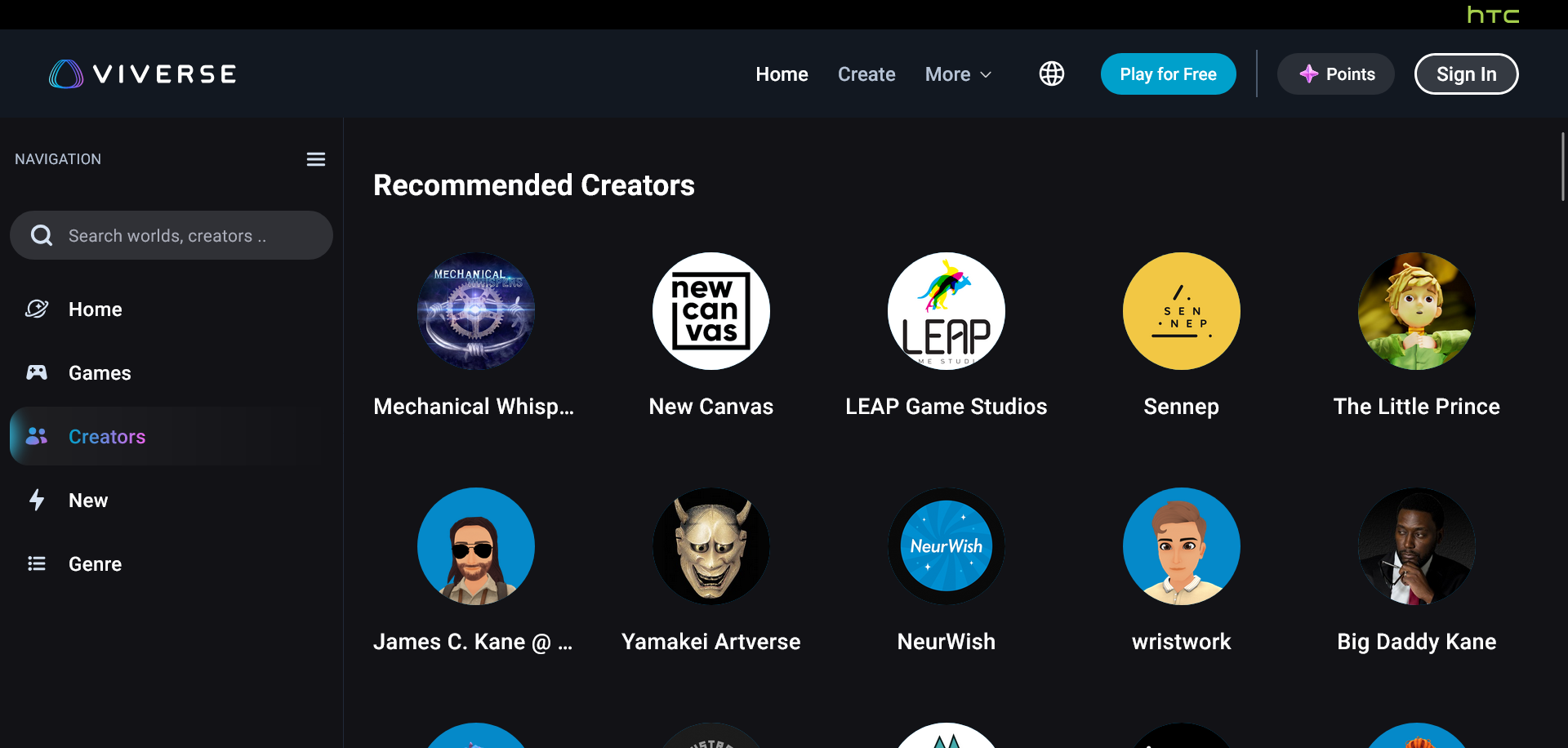Capture d'écran de la page Creators sur VIVERSE
