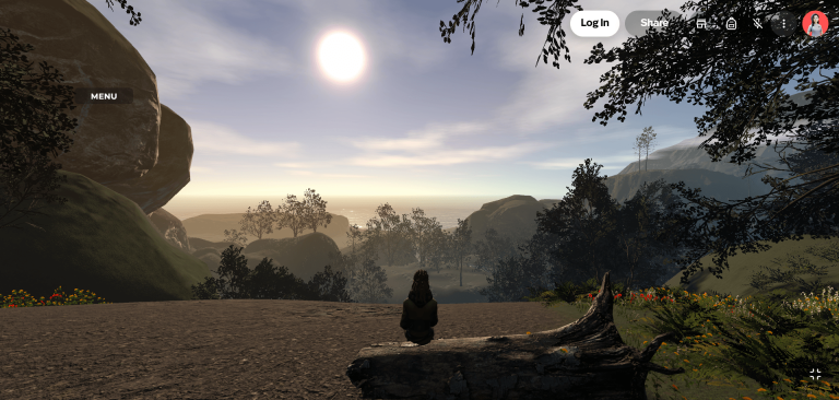 Mon avatar, assise sur un tronc d'arbre, contemple le soleil qui se couche dans un paysage forestier