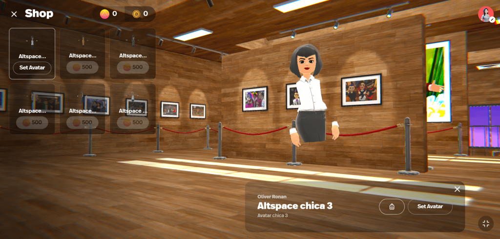 Capture d'écran de la personnalisation de mon avatar selon le style AltspaceVR dans un monde virtuel hébergé par Spatial.