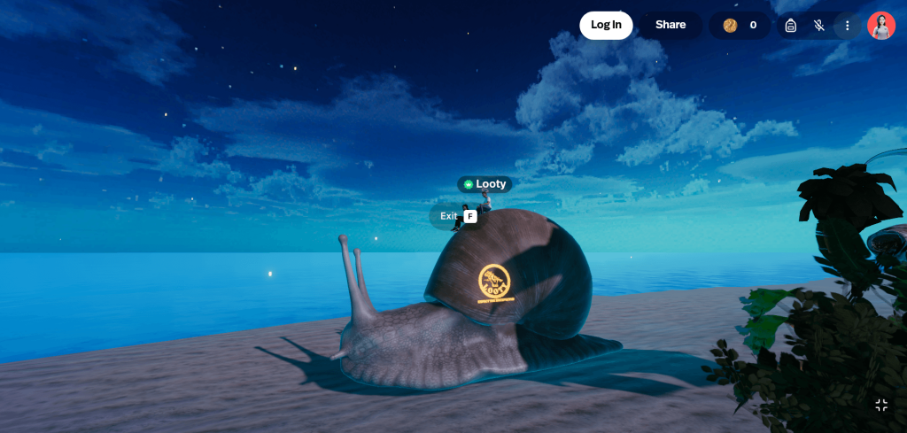 Capture d'écran d'un tour nocturne à dos d'escargot géant dans le monde Looty's Crib sur Spatial
