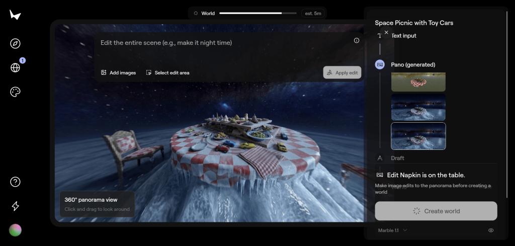 L'interface de Marble lors de la création d'un monde essayant de reproduire le 'Space Picnic'